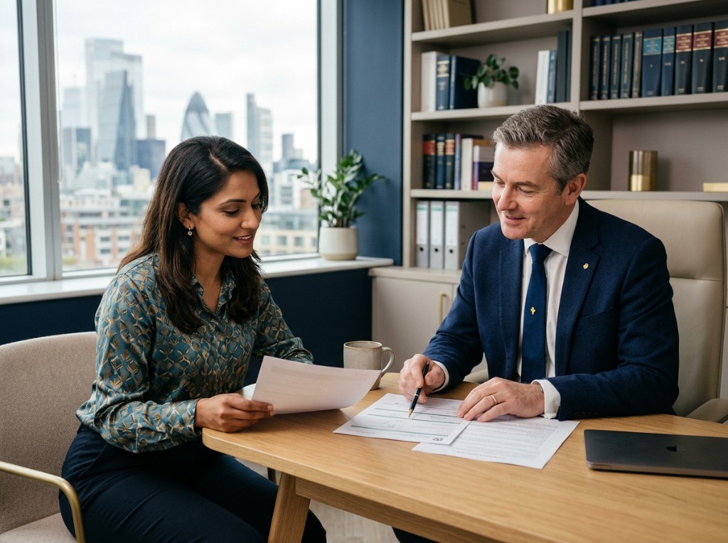 The Legal Guys immigration consultation — advisors reviewing documents together in a modern office